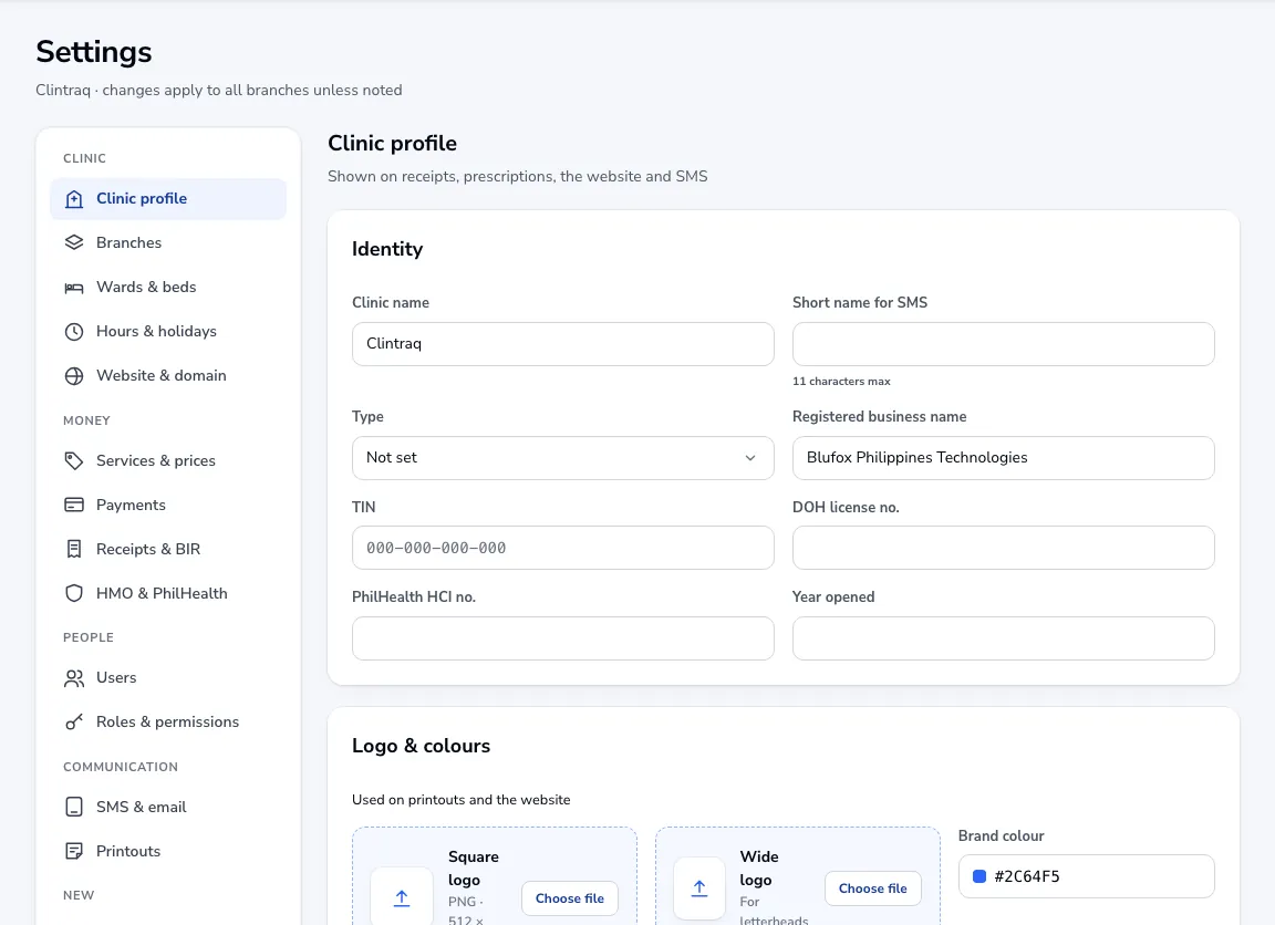 The Clinic profile page in Settings