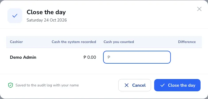 The Close the day dialog