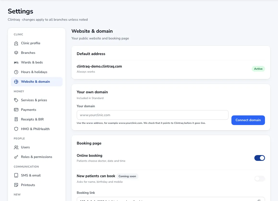 Website and domain settings