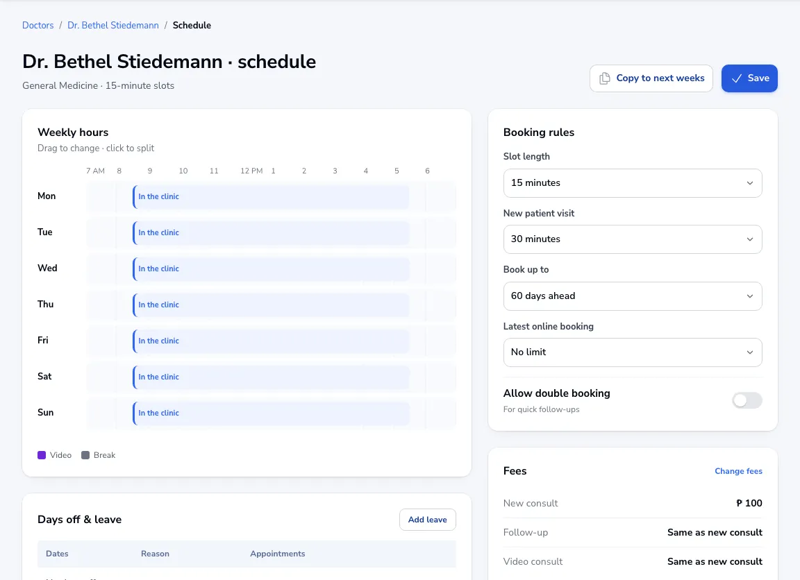 A doctor’s weekly schedule with booking rules