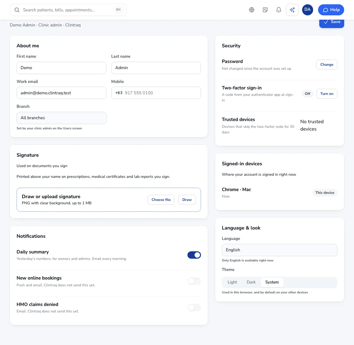 My profile, with the security settings