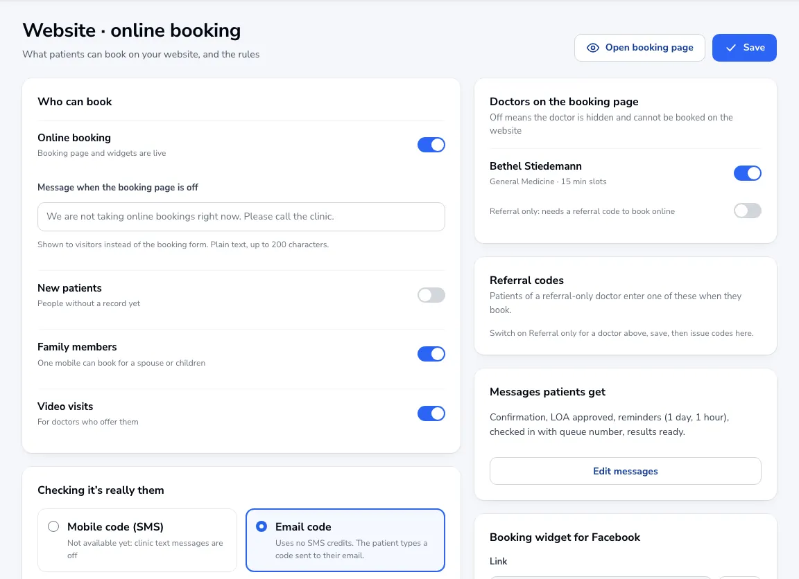 Online booking settings