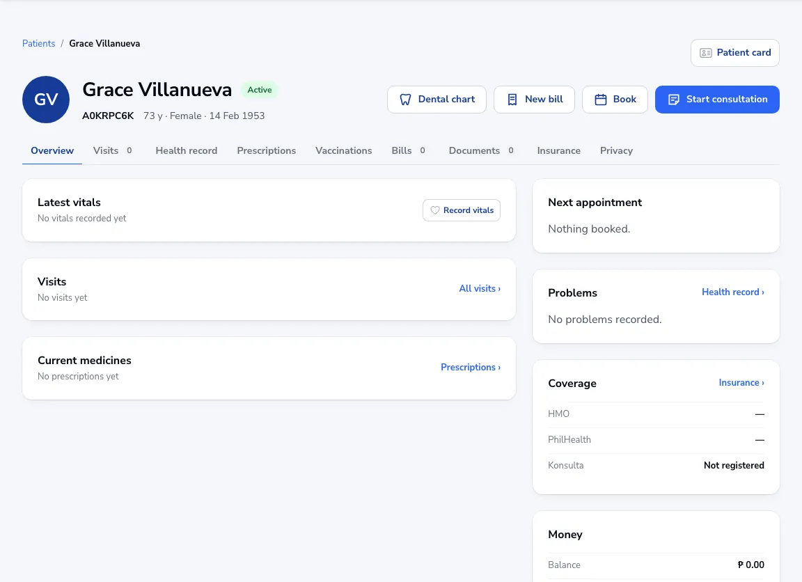 A patient’s profile page
