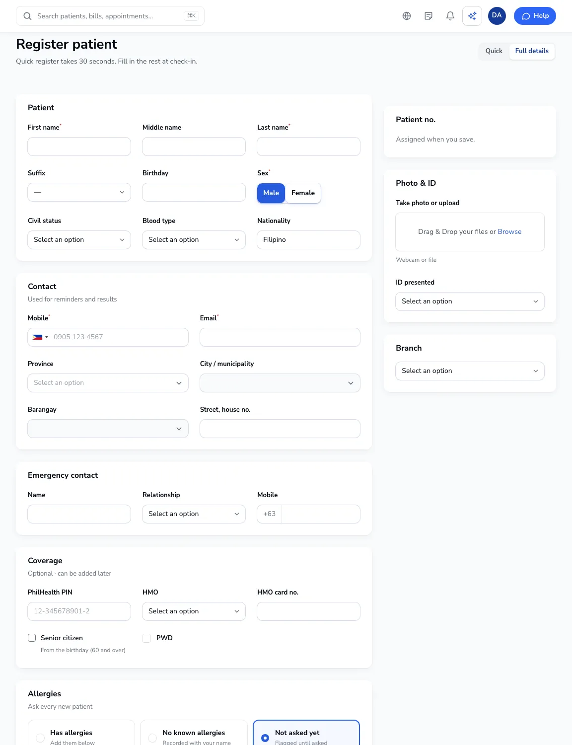 The Register patient form
