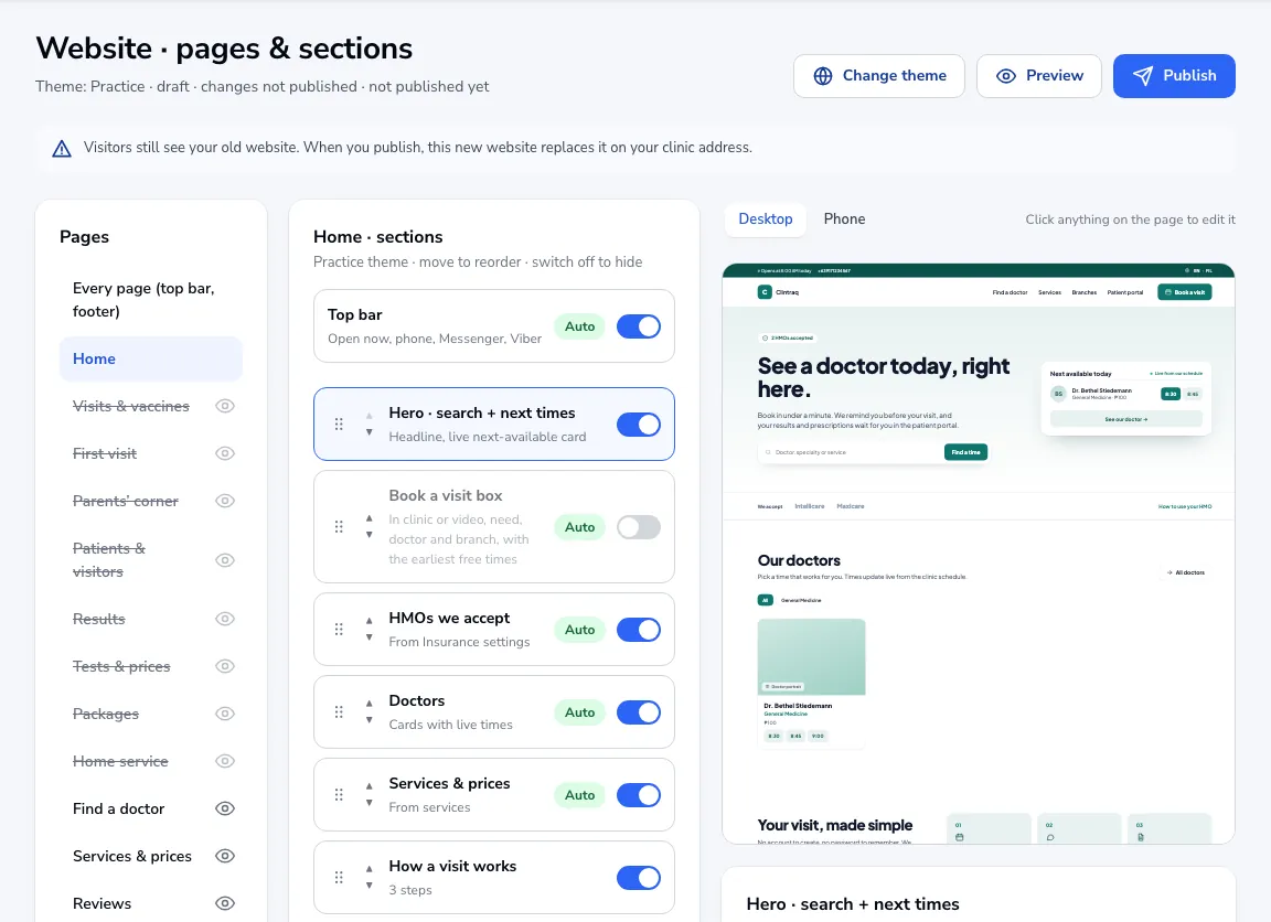 Editing website pages and sections