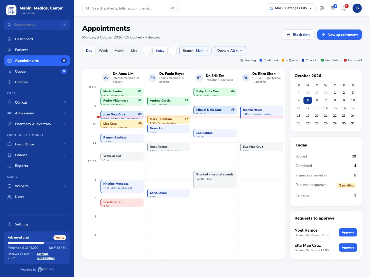 Day calendar of appointments by doctor with live status