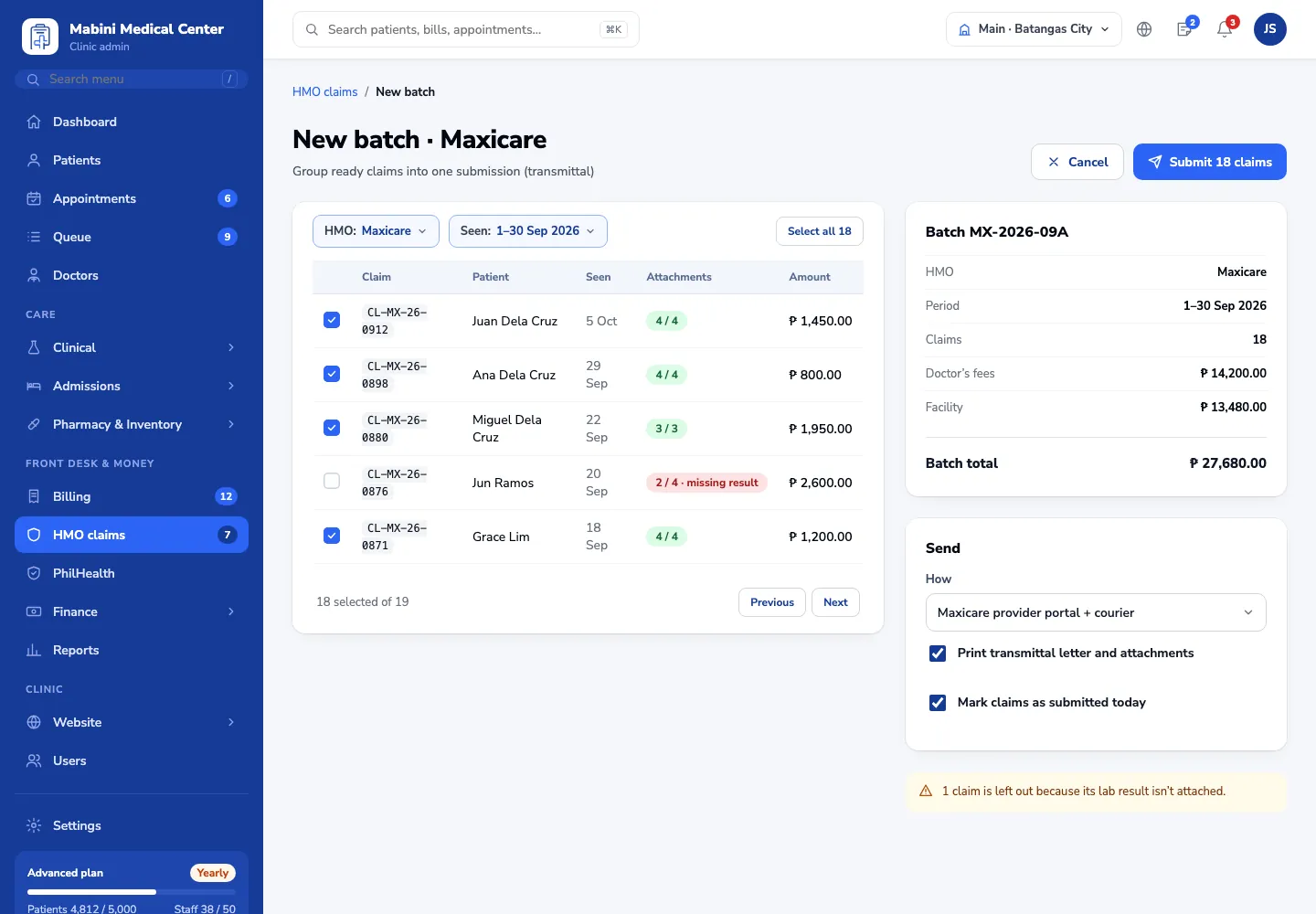 HMO claim batch builder with a transmittal