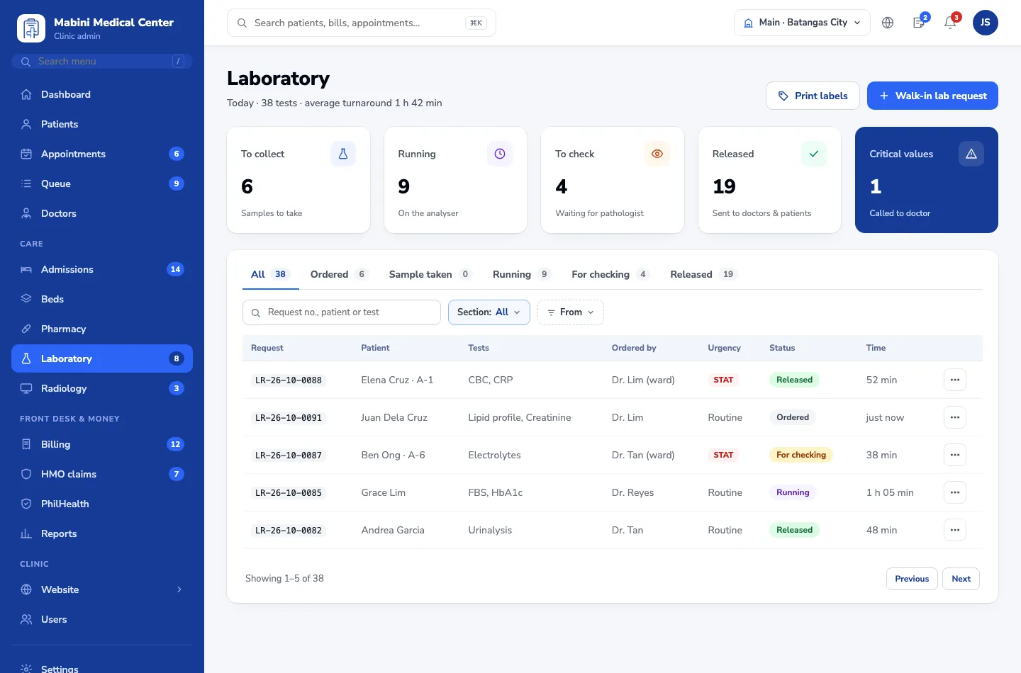 Laboratory worklist from ordered to released