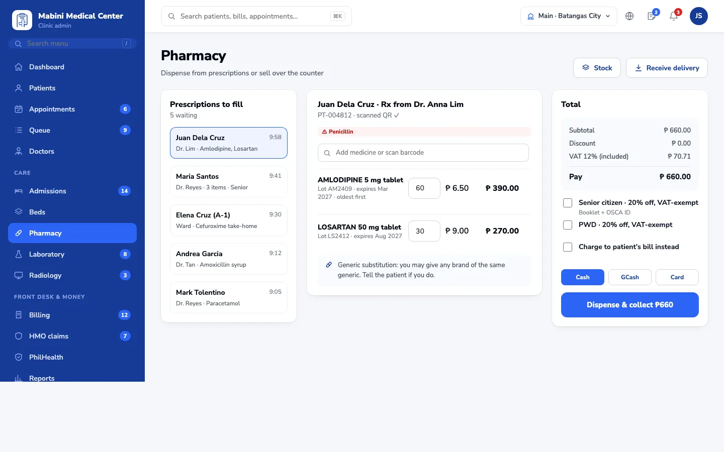 Pharmacy dispensing screen with the prescription queue
