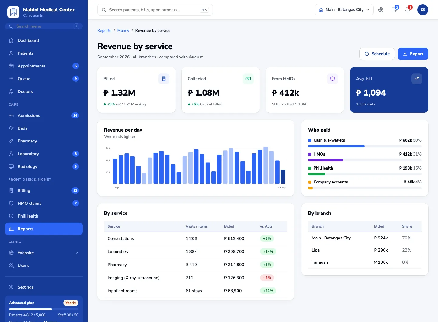 Revenue report by service, payer and branch